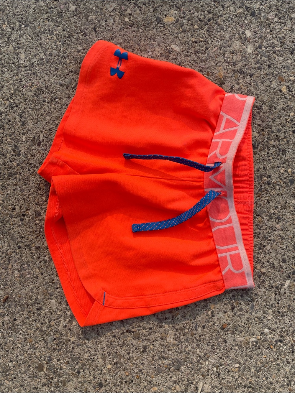 Under Armour Girls Bright Orange Athletic Shorts with Blue Drawstring